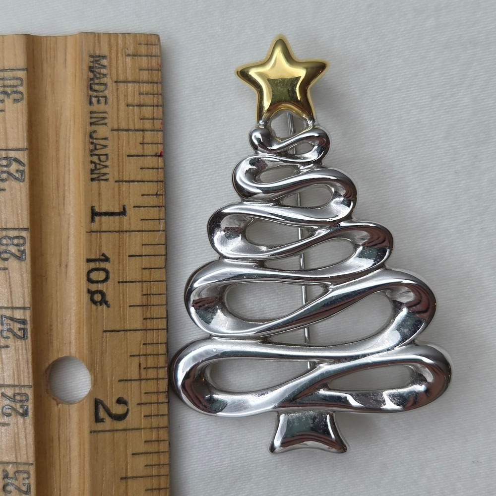Carolee Christmas Tree Brooch Silver Gold Tone Ribbon Swirl Holiday Pin Vintage